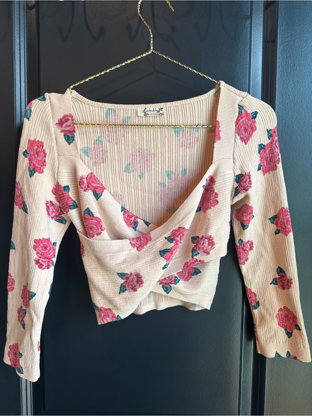 Free People Cream Rose-Print Twist Crop Top